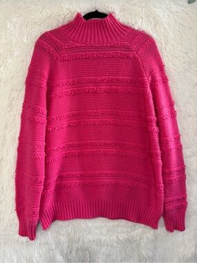 Ever After Womens Textured Stripe Chunky Knit Mock Neck Sweater L Pink Apres-Ski